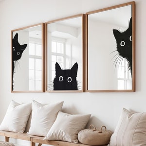 覗く黒猫プリントウォールアートポスター3枚セット、白黒猫ウォールアート、ミニマリスト猫ウォールデコ、黒猫ポスター、3枚セット