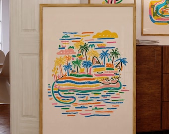 Whimsical Cat Island Print – Vibrant Crayon Style Tropical Animal Poster, Fun Cat Wall Art – Palm Island Pop Art Print, Abstract Cat Print