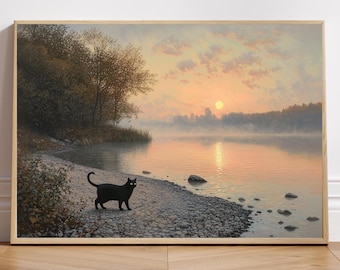 Vintage schwarze Katze Wandkunst, launische Katze Malerei Wandkunst, digitale Wandkunst, Katze druckbare, druckbare digitale, wunderliche schwarze Katzenwandkunst
