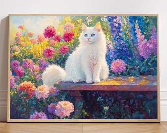 Flauschige weiße Katze in einem Blumengarten, Ölgemälde von Katze und Blumen, Gartenölgemäldedruck, farbenfroher Blumenkunstdruck, weiße Katzengrafik