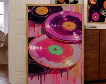 Dripping Vinyl Records Wall Print – Retro Pop Art, Music Lover Wall Art – Retro Vinyl Decor Print, Music Room Decor – Music Lover Gift Print