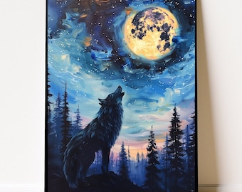 Black Wolf Full Moon Wall Art, Oil Painting, Black Wolf Landscape Poster, Moonlit Night Wolf Howling Abstract Art, Full Moon Wolf Print