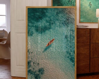 Aerial Ocean Print, Aerial Coastal Wall Print, Turquoise Beach Aerial Art – Kayaker Wall Print, Digital Download, Minimal Coastal Print