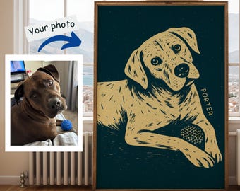 Modern aangepast hondenportret, schattig handgetekend huisdierportret, kleurrijke digitale slecht getekende hond, trendy huisdierposter voor emotionele hond moedercadeau