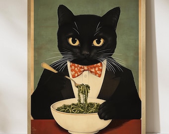 Black Cat Spaghetti Print – Quirky Retro Kitchen Wall Art (Digital Download)