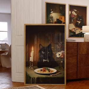 Black Cat Spaghetti Art Print, Funny Black Cat Wall Art, Pasta Lover Gift, Dark Academia Cat Wall Art, Quirky Dining Room Poster, Black Cat