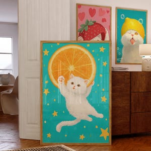Kawaii White Cat with Orange Slice Wall Print, Whimsical Wall Art, Colorful Cute Kitten Wall Print, Kawaii Starry Sky Wall Art, Digital Art