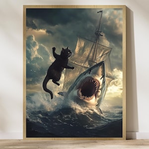 May include: A black cat leaps over a large, open-mouthed shark in a stormy sea. A ship with white sails is in the background.