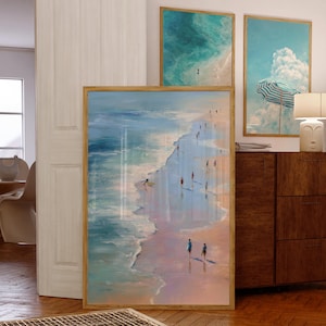 Beach Walk Painting Print – Coastal Wall Art with People, Ocean and Pastel Tones, Pastel Coastal Art Print, Minimalist Beach Painting