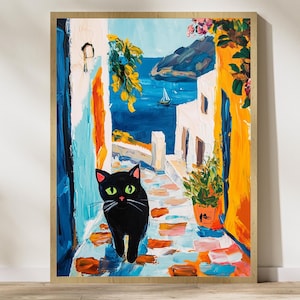 Santorini Cat Art Print, Greek Island Illustration, Travel Art, Greek Islands Wall Art, Cat Wall Art, Colorful Vibrant Housewarming Gift