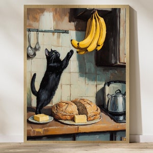 ヴィンテージの黒猫のキッチン – 気まぐれなウォールアート、遊び心のある黒猫のキッチンアート、猫好きへのプレゼントに最適、黒猫とバナナのウォールアート