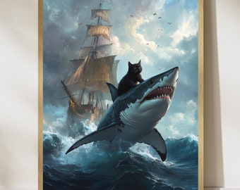 Black Cat in a Sea Ride the Shark Wall Art, Funny Black Cat Wall Decor, Maximalist Cat Wall Art, Black Cat Digital Wall Art, Black Cat Decor