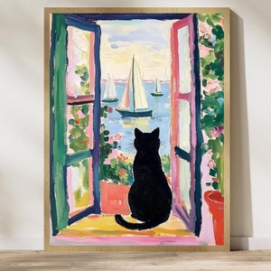 Póster de "Gato negro junto al mar", impresión de pintura al óleo colorida, decoración de pared colorida, póster de pintura al óleo de Matisse, arte caprichoso de gatos y veleros