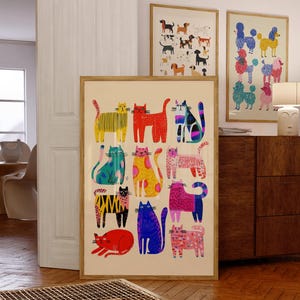 Nyckfull kattkonsttryck, abstrakt kattväggkonst, modern popkonstkatttryck, nyckfull djurposter, färgglad kattväggkonst, digital nedladdning