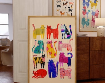 Lámina artística de gatos caprichosos, arte abstracto de gatos para pared, lámina de gatos de arte pop moderno, póster de animales caprichosos, arte colorido de gatos para pared, decoración de gatos original