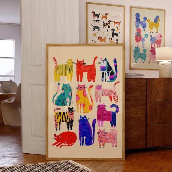 Nyckfull kattkonsttryck, abstrakt kattväggkonst, modern popkonstkatttryck, nyckfull djurposter, färgglad kattväggkonst, udda kattdekor