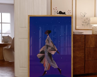 Modern African Woman Wall Art, Contemporary Minimalist Woman Art, Starry Night Fashion Wall Art, Minimalist Silhouette Wall Decor, Ethnic