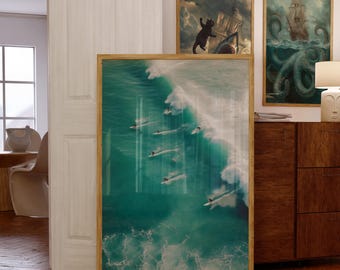 Sage Green Tiny Surfer Wall Art Print, Retro Sun Beach House Decor, Aerial Photo Surfboard, Tiny People Swimming, College Apartment Print