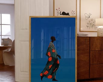 Minimalist Print Art, Contemporary Art, Ethnic Print Art, Modern African Woman Wall Art, African Woman in Striped Floral Dress, African Art