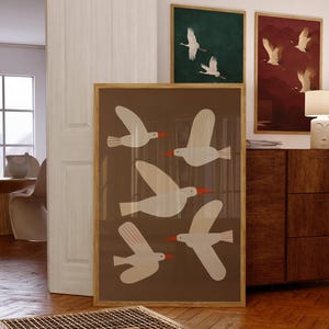 Flying Birds Wall Art, Modern Minimalist Seagull Print, Seagull Wall Art, Brown Background Bird Illustration Decor, Rustic Flying Bird Print