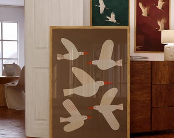 Flying Birds Wall Art, Modern Minimalist Seagull Print, Seagull Wall Art, Brown Background Bird Illustration Decor, Rustic Flying Bird Print