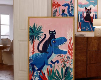 Arte de parede divertida com um gato montando um dinossauro, Arte de parede divertida com um gato preto, Arte engraçada com um gato preto, Download digital, Impressão de gato e dinossauro, Imprimível