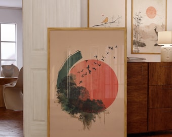Minimalistischer Japandi Kunstdruck, Rote Sonne, Vögel, Bäume (Digitaler Download)