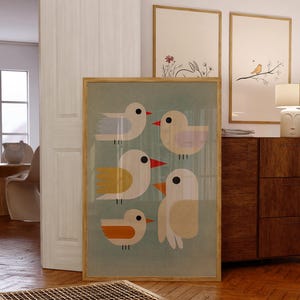 Colorful Minimal Bird Print, Mid Century Modern Bird Wall Art, Retro Minimalist Birds Print on Blue, Scandinavian Nursery Decor, Bird Print