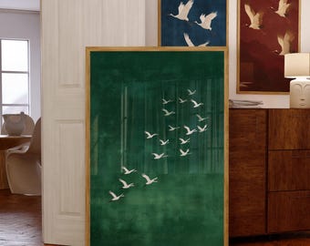 Minimalist White Crane Wall Art | Japandi Crane Print on Emareld Green Background, Minimalist Bird Wall Art, Tranquil Bird Print, Crane Art