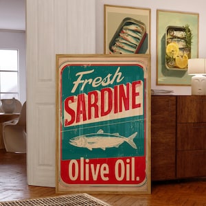Vintage Fresh Sardine Sign Wall Art, Retro Kitchen Print Rustic Fish Olive Oil Decor, Classic Sardine Print, Retro Fish Tin Sign, Digital