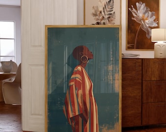 Modern African Woman Wall Art | Bold Striped Dress Illustration | Contemporary Ethnic Home Decor, Chic Minimalist Wall Art, Ethnic Wall Art