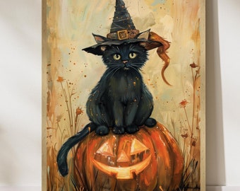 黒猫魔女のアクリル画：気まぐれなハロウィンアート（16x20インチ