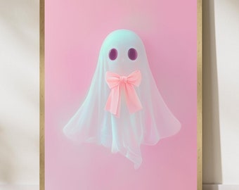 Roze spook muurkunst print roze strik spook afdrukbare schattig spook schilderij flirt esthetiek Halloween decor preppy trendy girly digitale kunst