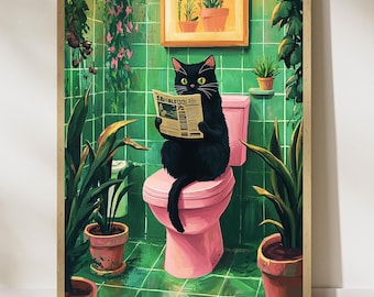 May include: A black cat sits on a pink toilet in a green tiled bathroom, reading a newspaper titled "Editable Fool". The bathroom has green plants and a window with a view of a cityscape.