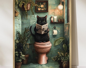 Vintage Black Cat Bathroom Wall Art, Toilet Fun Wall Art, Funny Black Cat Bathroom Art, Quirky Bathroom Wall Decor, Whimsical Bathroom Print