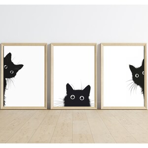 Set of 3 Peeking Black Cat Print Wall Art Poster, Black and White Cat ...
