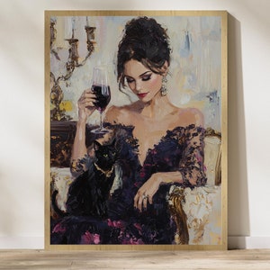 Klassisk katt- och kvinnakonst, digital oljemålning, elegant dam med svart kattkonst, glamourös väggkonst i vintagestil, dekorativ väggkonst, vinposter