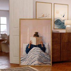 Soft Girl Reading Poster, Cozy Bedroom Wall Art, Book Lover Gift,