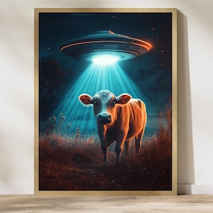 Cow Alien Abduction Art Print, Vintage UFO Print, Digital Download, Funny Wall Decor, Funny Cow Print, Funny Digital Wall Prints, Funny Art