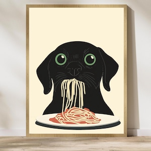 Black Dog Spaghetti Art Print,Whimsical Dog Kitchen Decor,Black Dog Pasta Print,Charming Dog Kitchen Print, Maximalist Dog Art, Dog Art