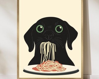 Black Dog Spaghetti Art Print,Whimsical Dog Kitchen Decor,Black Dog Pasta Print,Charming Dog Kitchen Print, Maximalist Dog Art, Dog Art