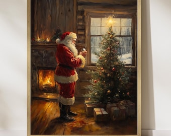 Weihnachtsmann schmücken Weihnachtsbaum-Druck, Vintage gemütliche Weihnachtswand-Kunstdruck, digitaler Weihnachtsdruck, warmer Feiertagsdruck, Weihnachtsmann-Kunst