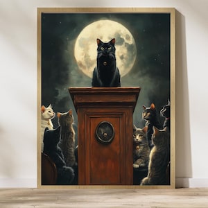 Full Moon Cat Illustration, Whimsical Cat Gathering Art, Black Cat and Moon Poster, Black Cat Leader Poster, Mysterious Black Cat Poster