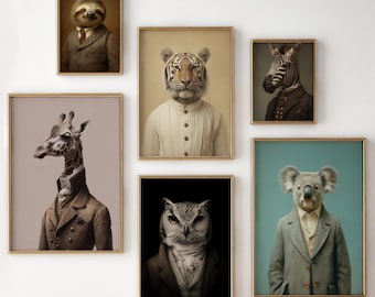 Vintage Animal Portrait Gallery Wall Art Set of 6 – Academic Style Decor, Dapper Animal Portrait Prints, Maximalist Eclectic, Funky Print