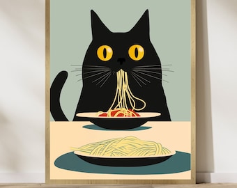 Black Cat Spaghetti Art Print, Whimsical Cat Kitchen Decor, Black Cat Pasta Print, Cat Kitchen Print, Digital Download, Digital Animal Art