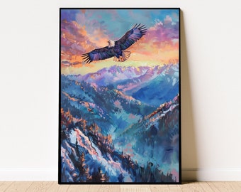 Eagle Flying Mountain Poster, Oil Painting, Eagle Landscape Poster, Wildlife Wall Art, Eagle Soaring, Colorful Mountain Landscape Poster