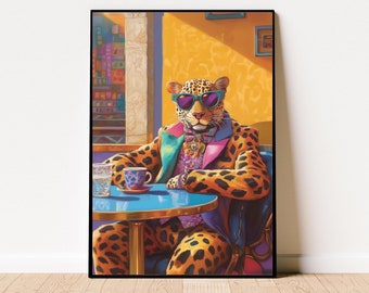Funky Leopard Print, Maksymalistyczna Eklektyczna Sztuka Ścienna, Preppy Decor, Kolorowa Sztuka, Wystrój Mieszkania, Wystrój Dopamine, Różowa i Pomarańczowa Sztuka Ścienna