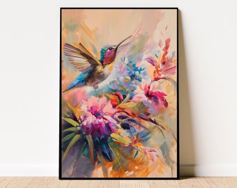 Póster de colibrí colorido, pintura al óleo, arte digital de colibrí, colibrí vibrante y flores, arte de aves coloridas, póster de aves