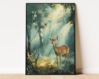 Arte mural de ciervos en acuarela, pintura al óleo, póster de ciervos serenos, pintura al óleo de naturaleza, pintura al óleo de bosque y ciervos, pintura al óleo de ciervos del bosque