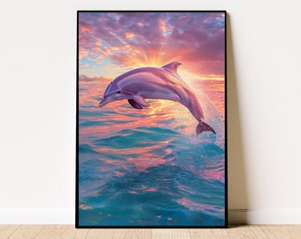 Dolphin Sunset Poster, Oil Painting, Dolphin Digital Printable Wall Art, Dolphin Digital Wall Art, Aesthetic Art Bathroom, Bathroom Decor